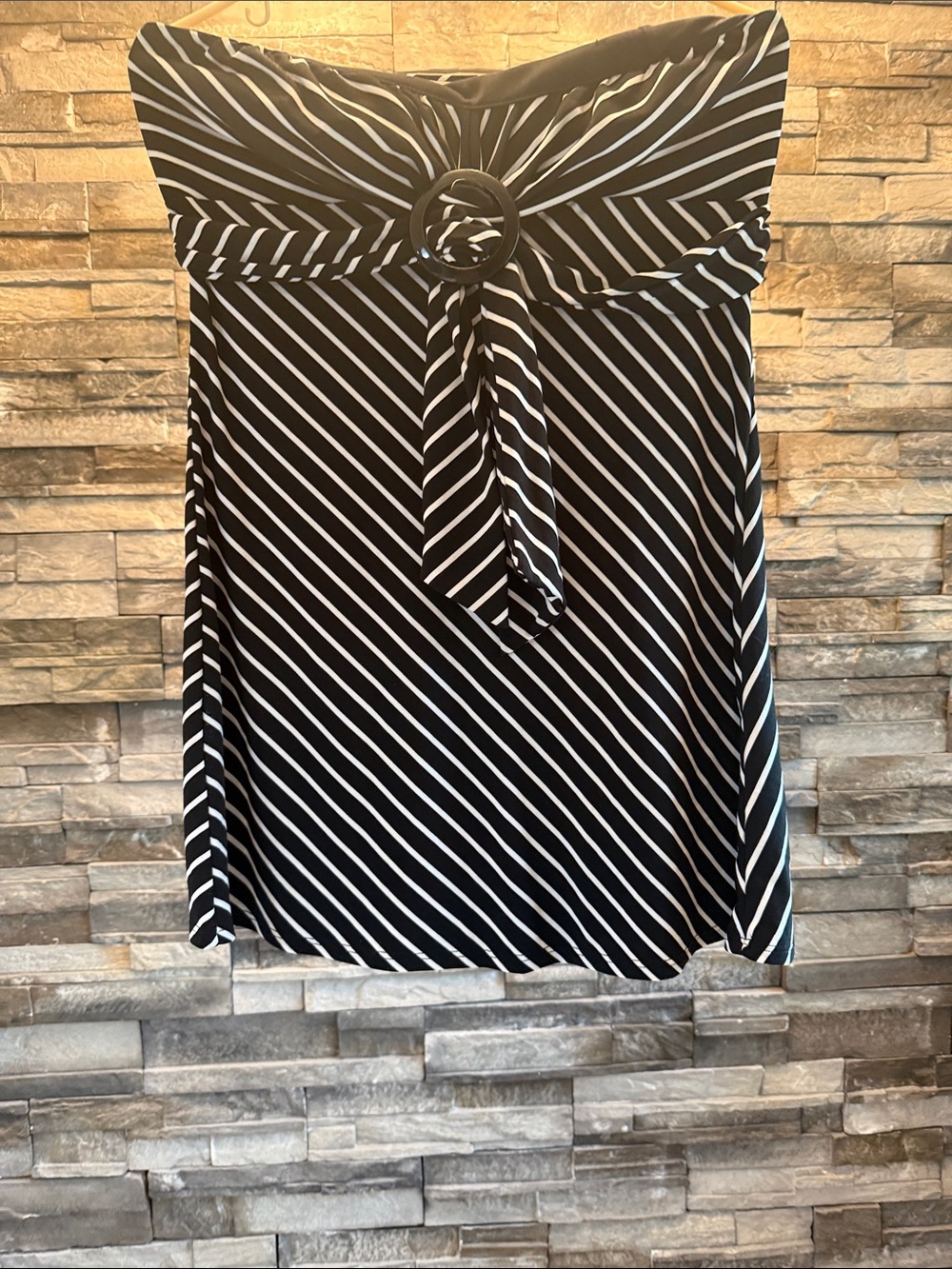 White House Black Market Black and White Strapless Dress with Ring Accent